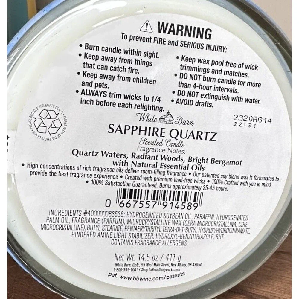 Bath & Body Works White Barn Candle Sapphire Quartz 14.5 oz 3 Wick